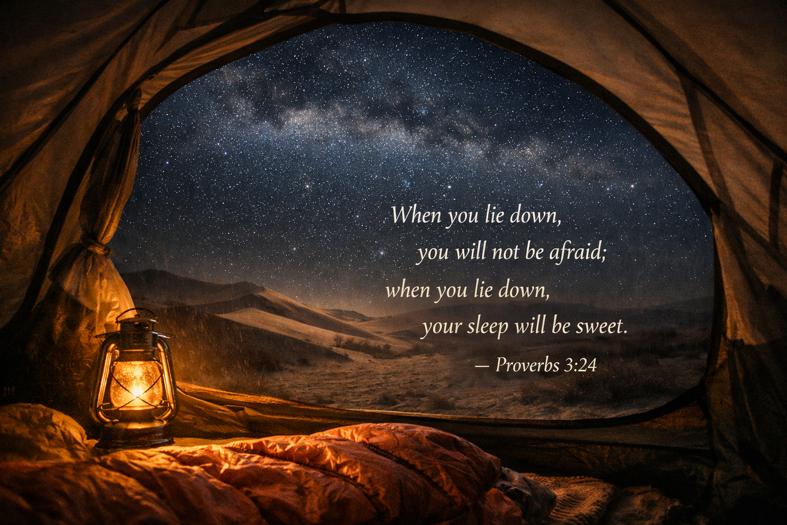 Bible verse wallpaper Proverbs 3:24 with open tent flap showing star-filled sky over desert dunes at night